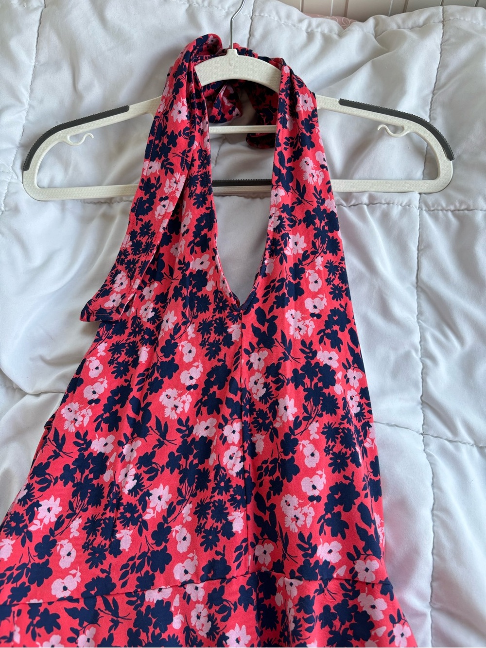 Pact Organic Cotton Floral Halter Dress Coral Pink Navy Fit Flare Sz M - Picture 3 of 4